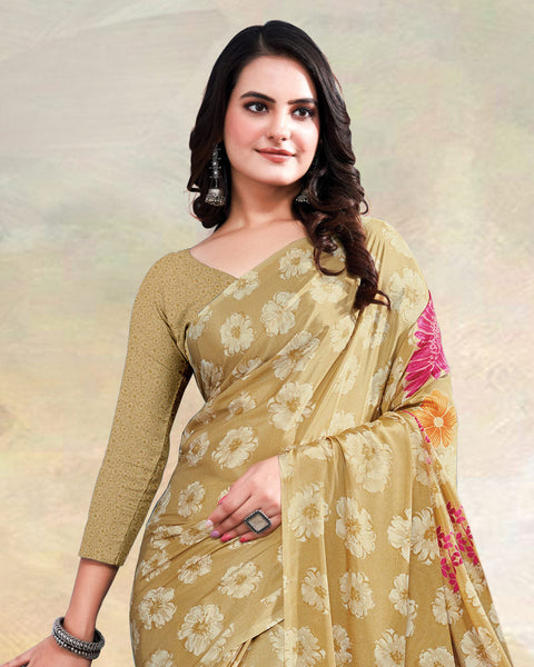 Fawn Printed Digital Print Crepe Saree
