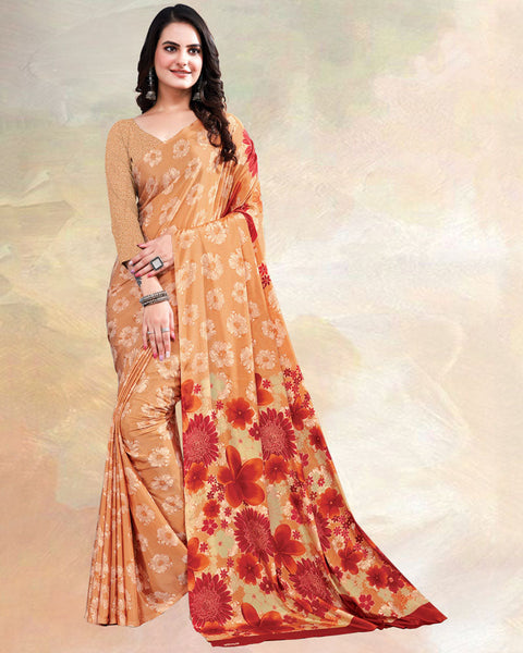 Apricot Orange Printed Digital Print Crepe Saree