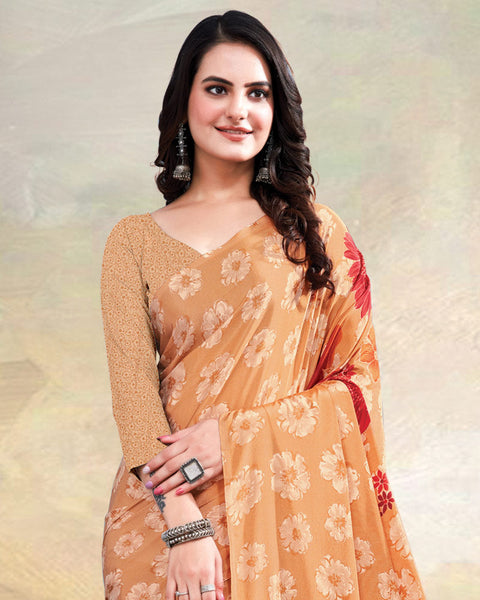 Apricot Orange Printed Digital Print Crepe Saree