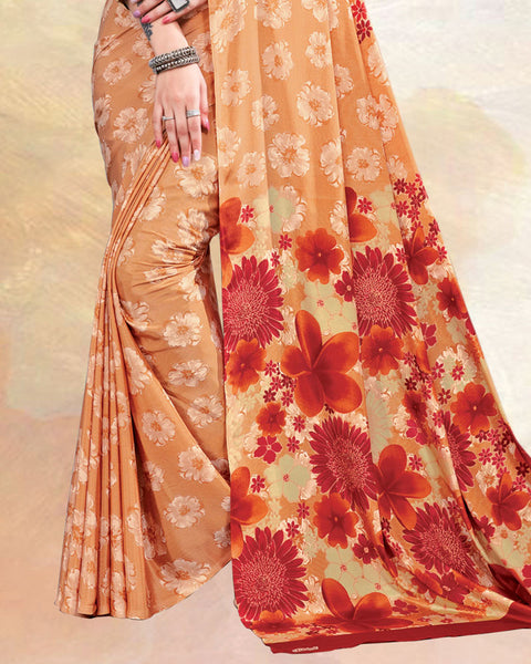 Apricot Orange Printed Digital Print Crepe Saree