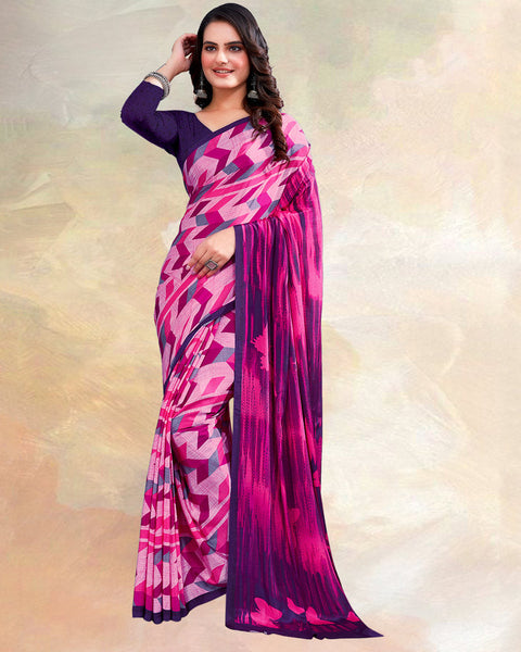 Fuchsia Pink Printed Digital Print Crepe Saree
