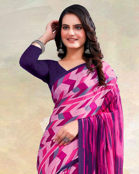 Fuchsia Pink Printed Digital Print Crepe Saree