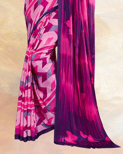 Fuchsia Pink Printed Digital Print Crepe Saree