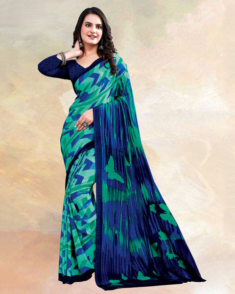 Dark Mint Green Printed Digital Print Crepe Saree