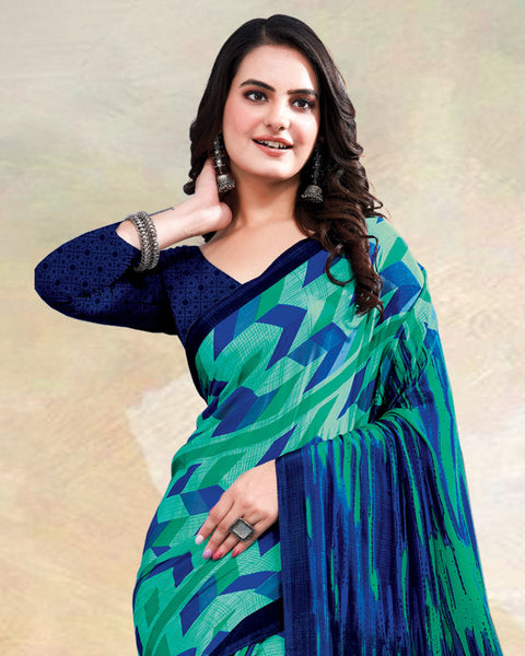 Dark Mint Green Printed Digital Print Crepe Saree