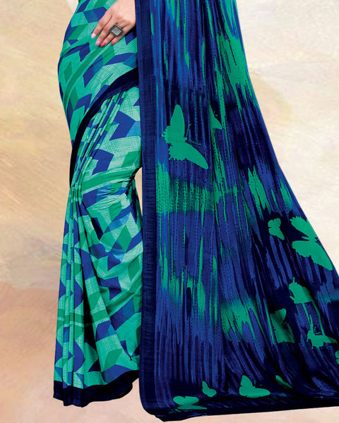 Dark Mint Green Printed Digital Print Crepe Saree