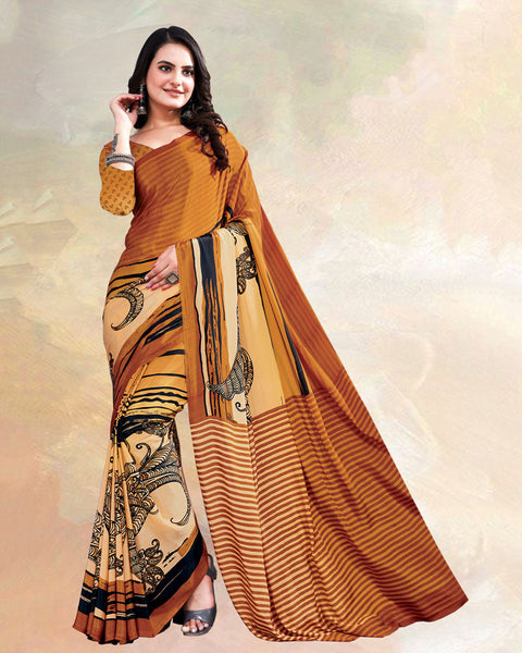 Ochre Printed Digital Print Crepe Saree