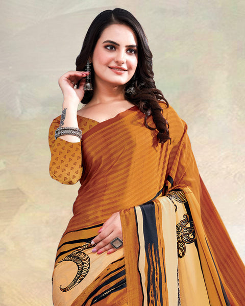 Ochre Printed Digital Print Crepe Saree