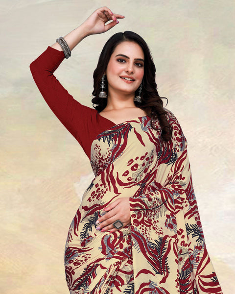 Hampton Cream Printed Digital Print Crepe Saree