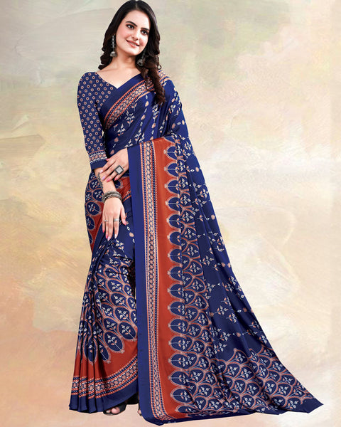 Ink Blue Printed Digital Print Crepe Saree