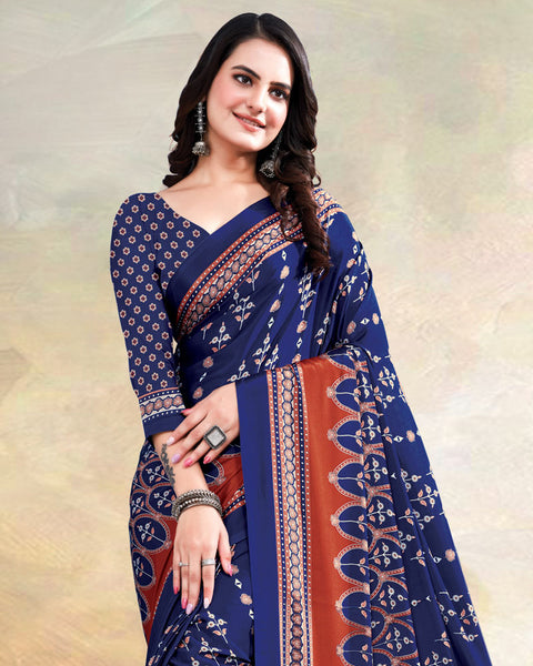 Ink Blue Printed Digital Print Crepe Saree