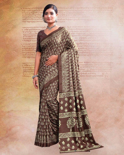 Roman Coffee Printed Poly Cotton Saree