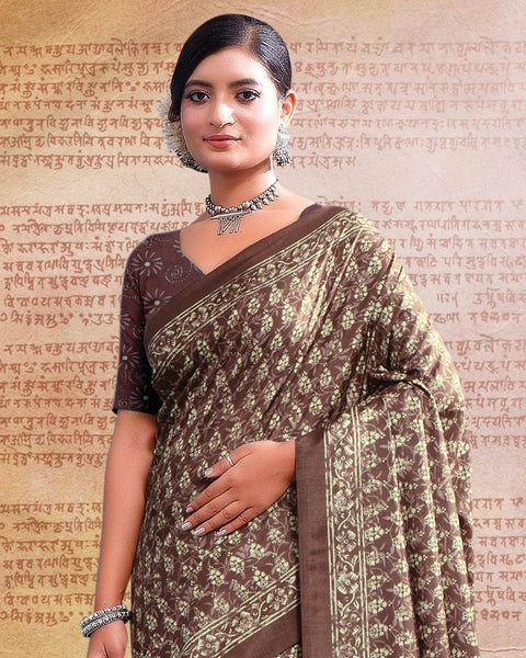 Roman Coffee Printed Poly Cotton Saree