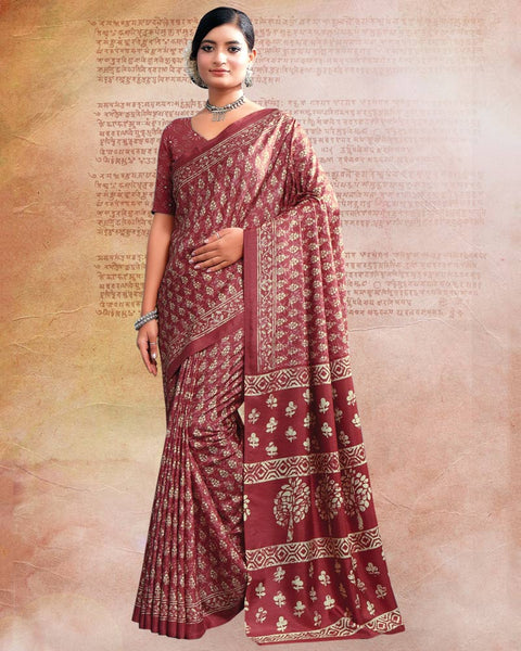 Light Burgundy Printed Poly Cotton Saree