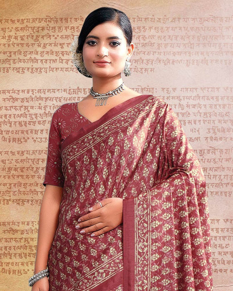 Light Burgundy Printed Poly Cotton Saree