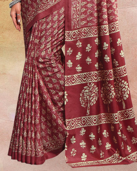 Light Burgundy Printed Poly Cotton Saree