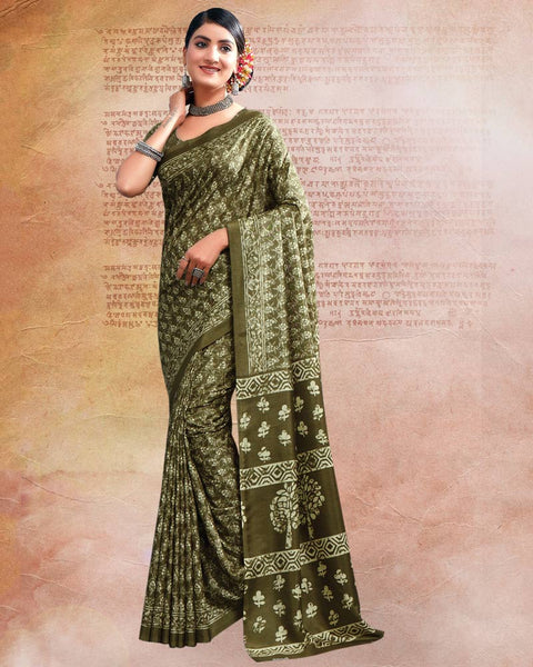 Tobacco Brown Printed Poly Cotton Saree