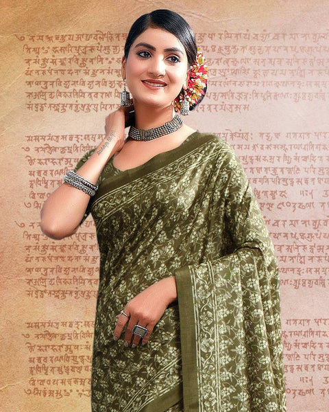 Tobacco Brown Printed Poly Cotton Saree