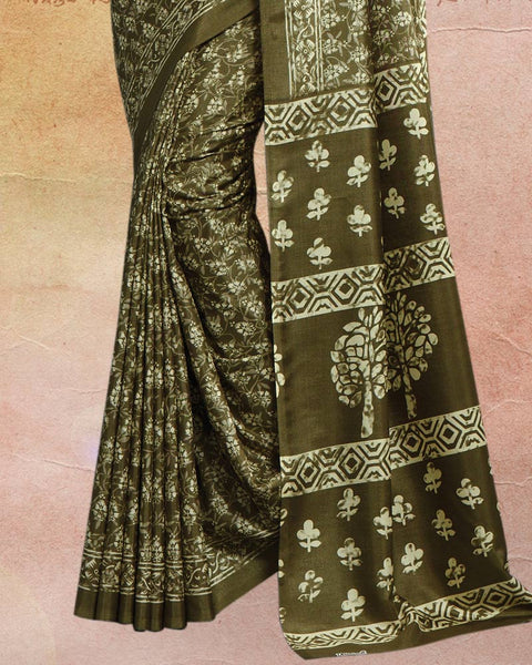 Tobacco Brown Printed Poly Cotton Saree