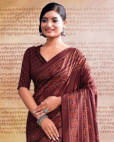 Wine Berry Printed Poly Cotton Saree