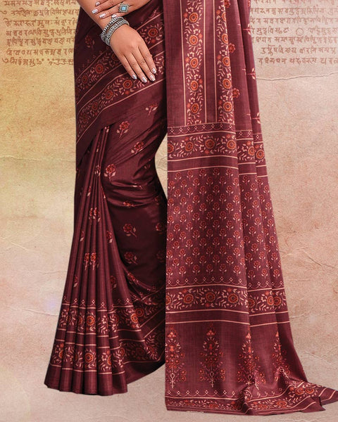 Wine Berry Printed Poly Cotton Saree
