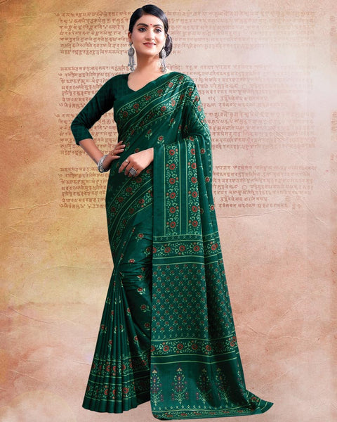 Bottle Green Printed Poly Cotton Saree