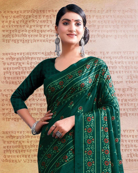 Bottle Green Printed Poly Cotton Saree