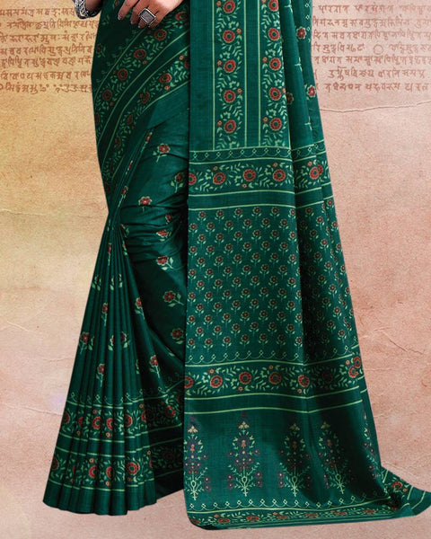 Bottle Green Printed Poly Cotton Saree
