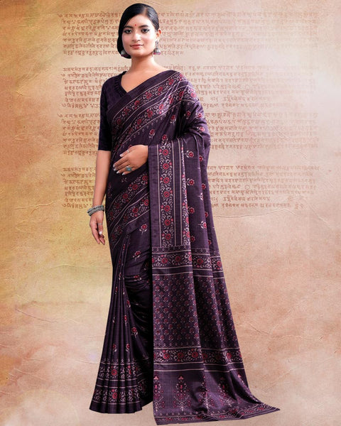 Dark Violet Printed Poly Cotton Saree
