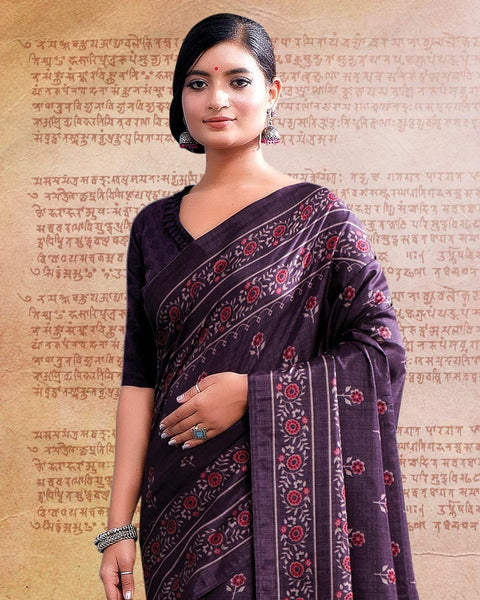 Dark Violet Printed Poly Cotton Saree