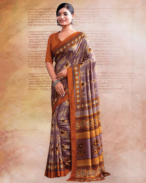 Mauve Printed Poly Cotton Saree