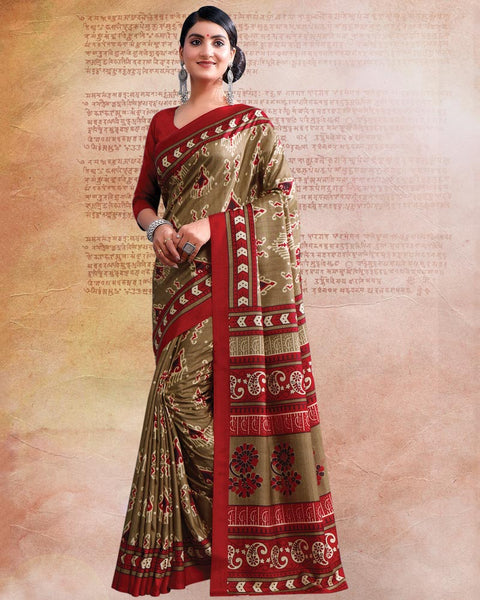 Khakhi Green Printed Poly Cotton Saree