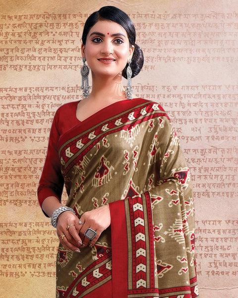 Khakhi Green Printed Poly Cotton Saree