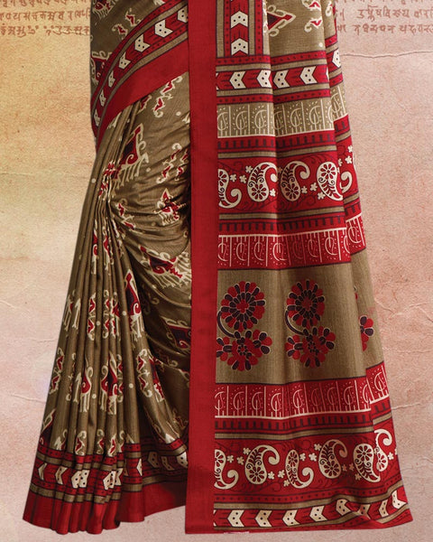 Khakhi Green Printed Poly Cotton Saree
