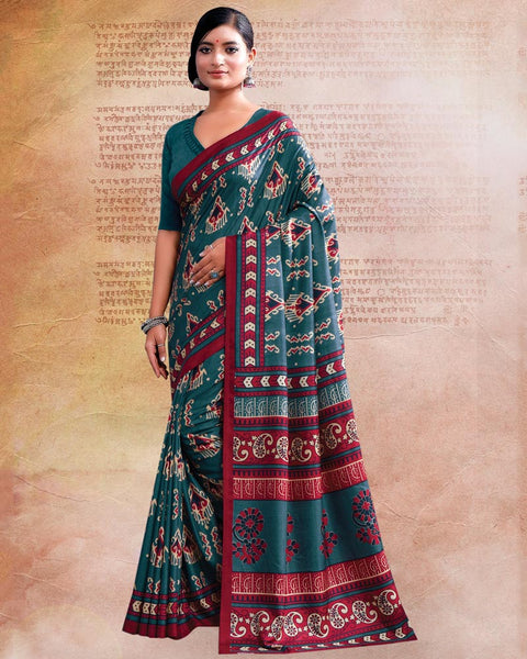 Dark Teal Blue Printed Poly Cotton Saree