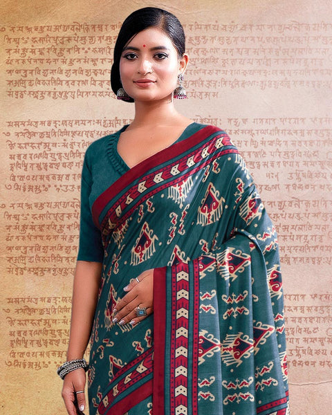 Dark Teal Blue Printed Poly Cotton Saree