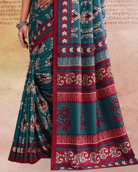 Dark Teal Blue Printed Poly Cotton Saree
