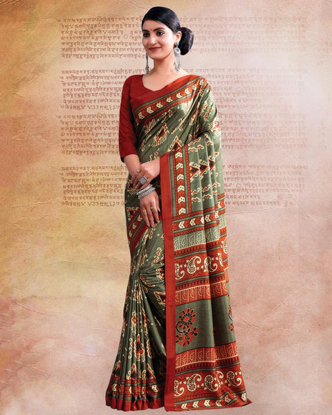 Ash Green Printed Poly Cotton Saree