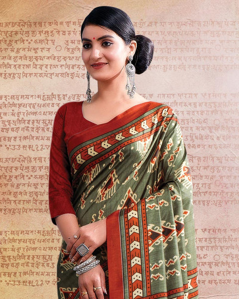 Ash Green Printed Poly Cotton Saree