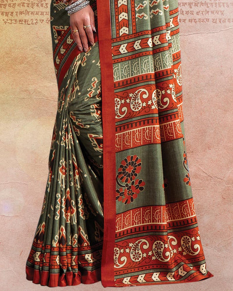 Ash Green Printed Poly Cotton Saree