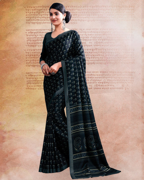 Dark Navy Blue Printed Poly Cotton Saree
