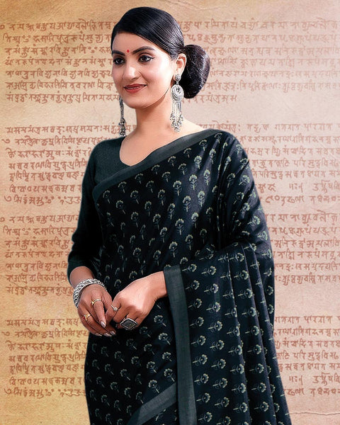 Dark Navy Blue Printed Poly Cotton Saree