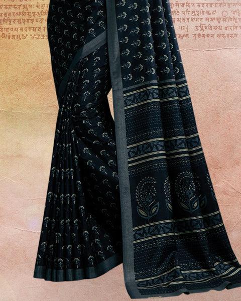 Dark Navy Blue Printed Poly Cotton Saree