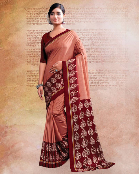 Dark Peach Printed Poly Cotton Saree
