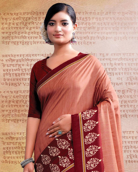 Dark Peach Printed Poly Cotton Saree