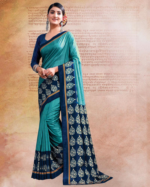 Dark Turquoise Blue Printed Poly Cotton Saree