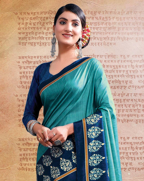 Dark Turquoise Blue Printed Poly Cotton Saree