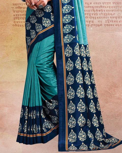 Dark Turquoise Blue Printed Poly Cotton Saree