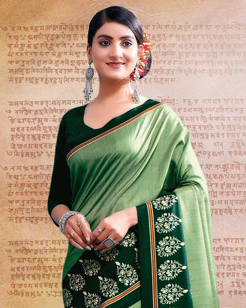 Amulet Green Printed Poly Cotton Saree
