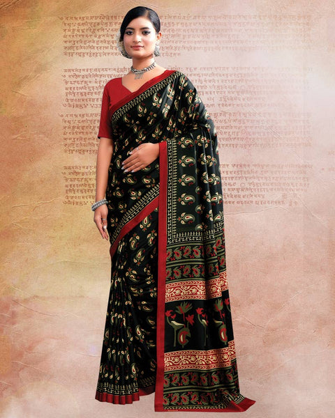Black Printed Poly Cotton Saree